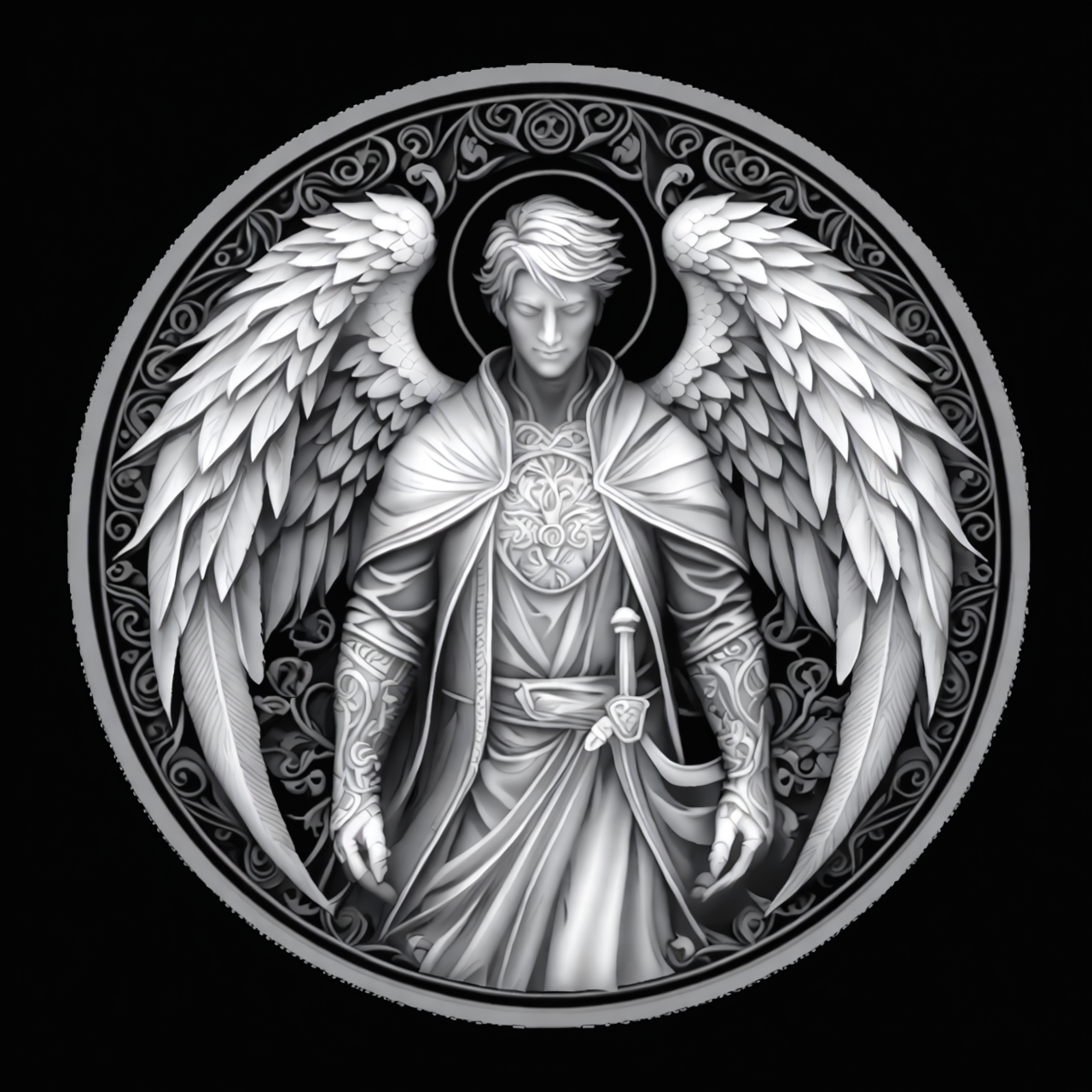 Archangel Guardian Coin Depth Map — grayscale depth map for laser engraving