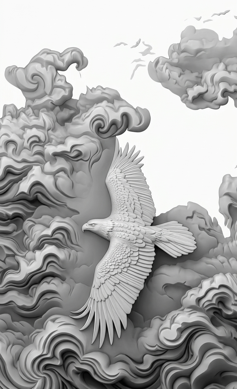 Eagle in the Clouds — grayscale depth map for laser engraving