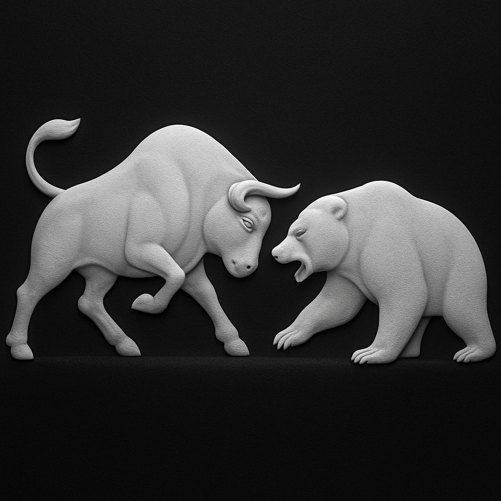 Bull & Bear — grayscale depth map for laser engraving