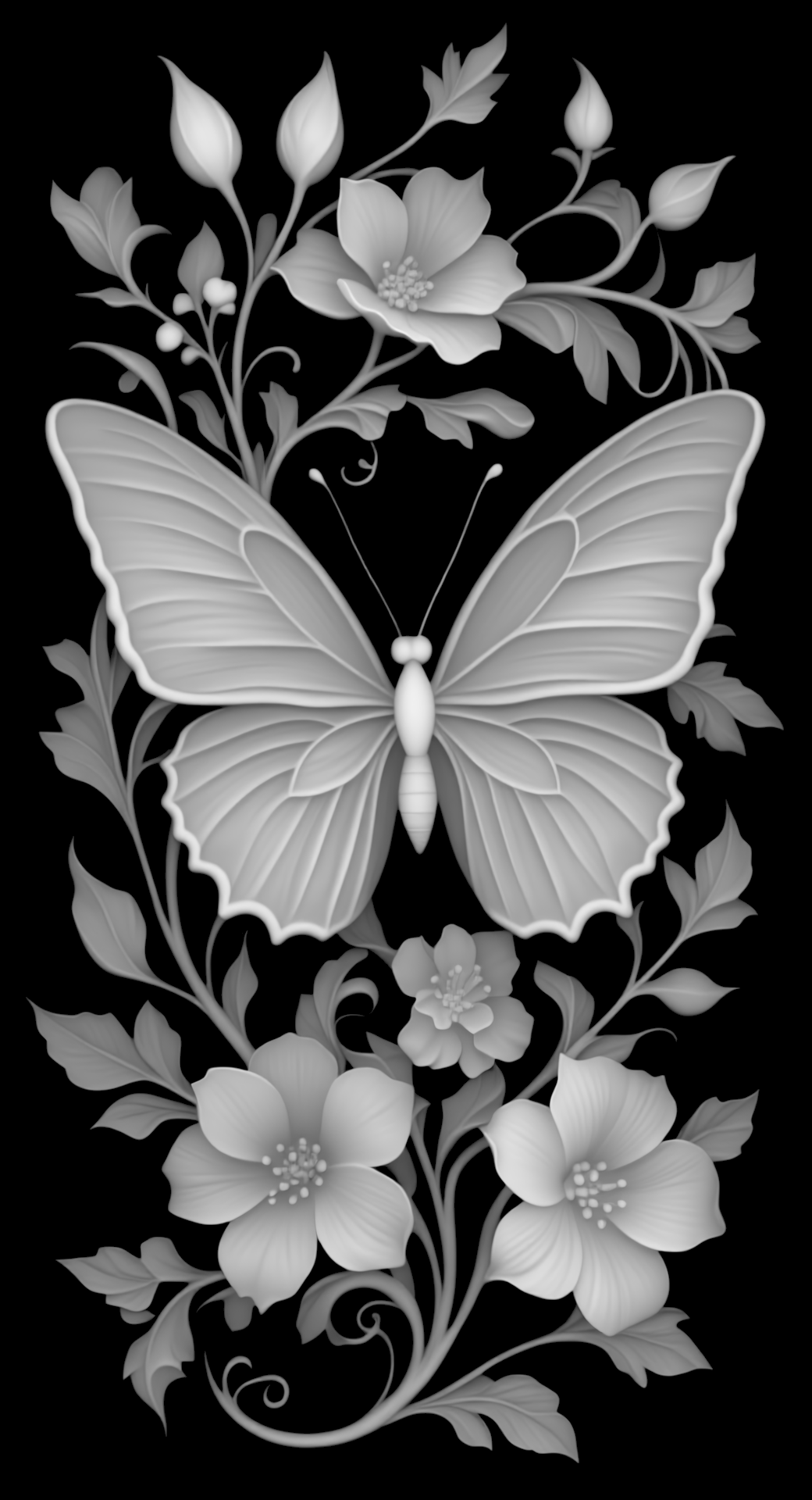 Butterfly & Blossoms — grayscale depth map for laser engraving