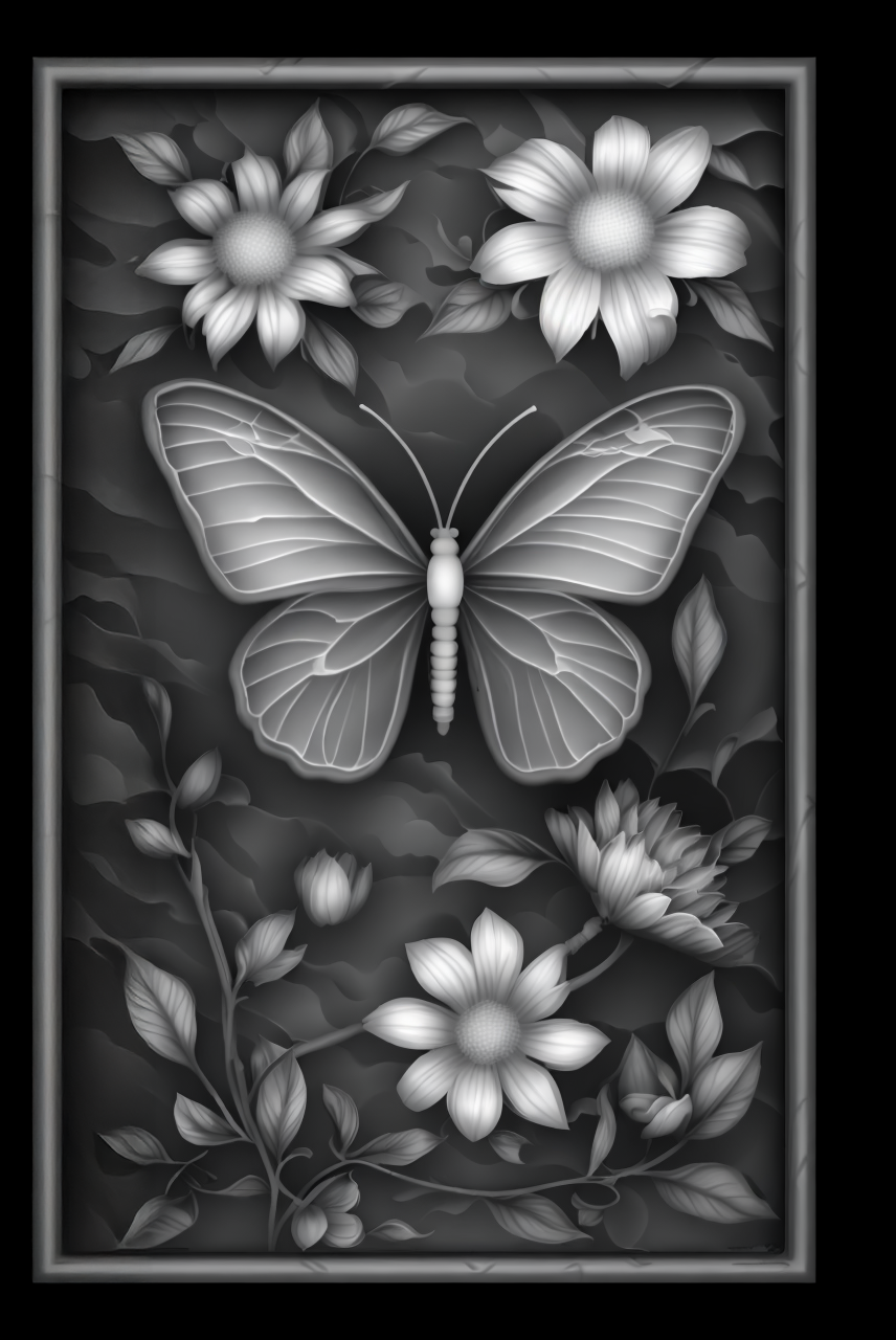 Framed Butterfly Panel — grayscale depth map for laser engraving
