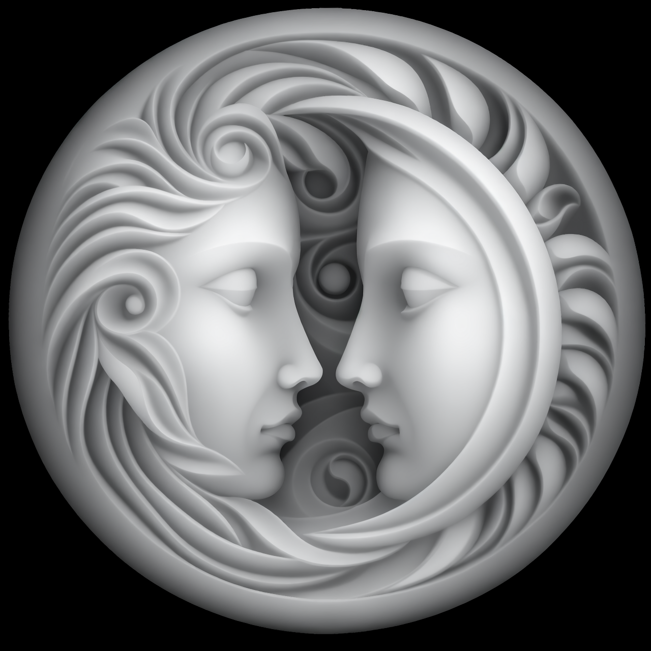 Two Faces Medallion — grayscale depth map for laser engraving