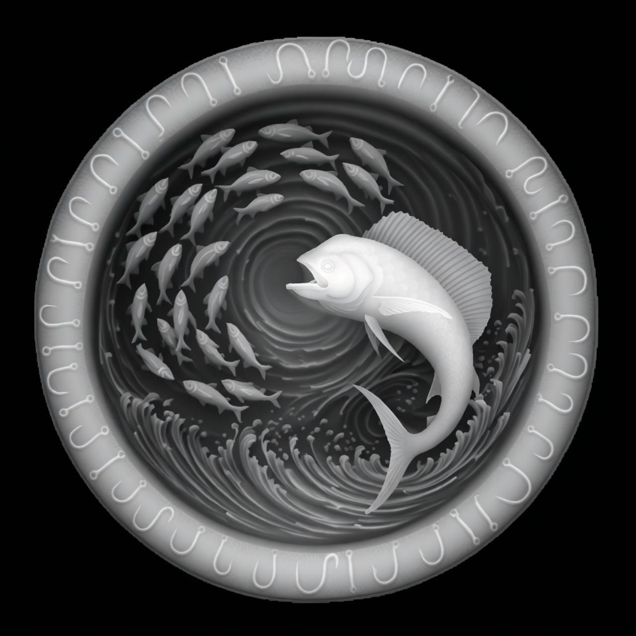 Fisherman's Catch Medallion — grayscale depth map for laser engraving