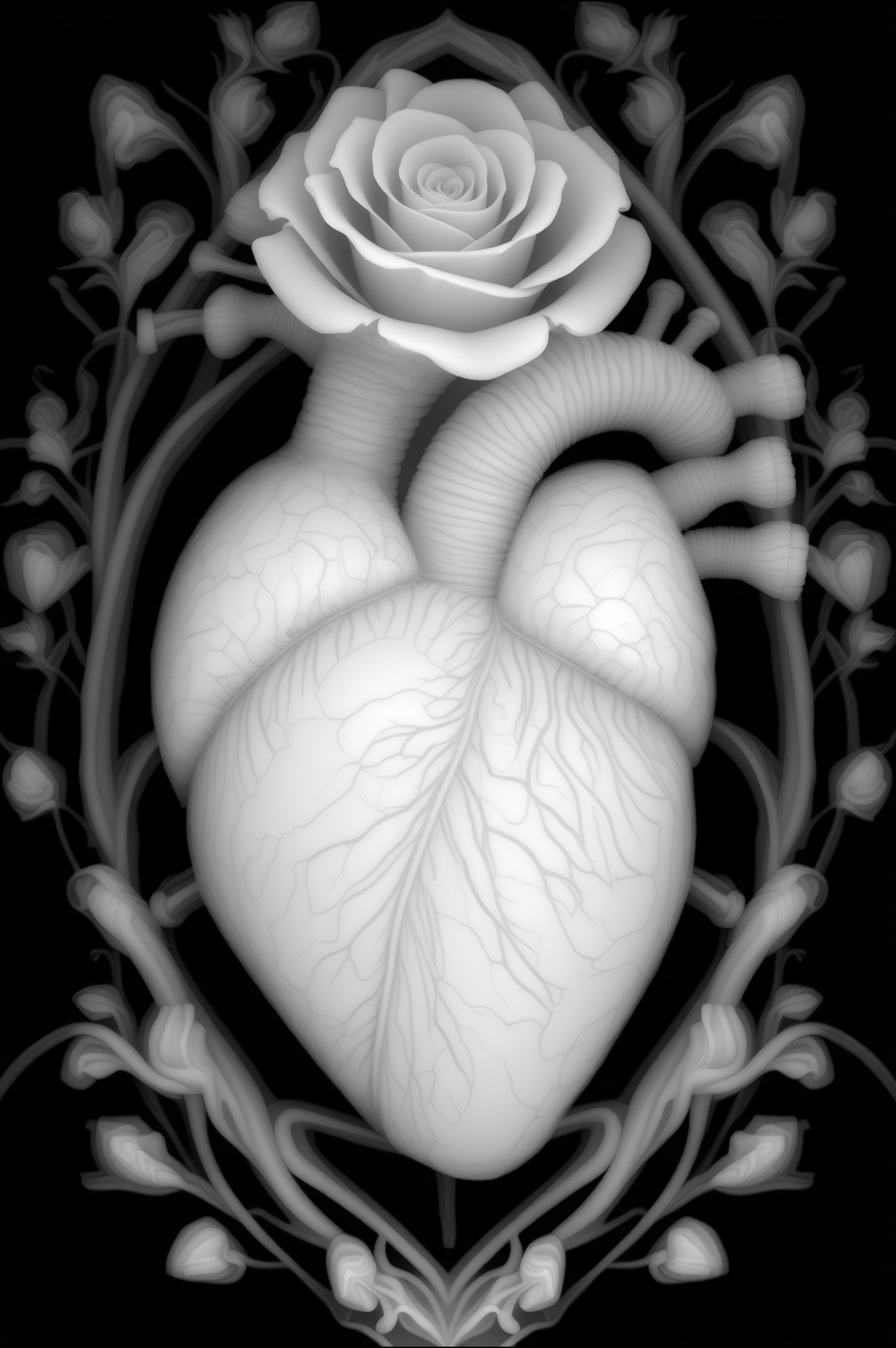 Rose & Anatomical Heart — grayscale depth map for laser engraving