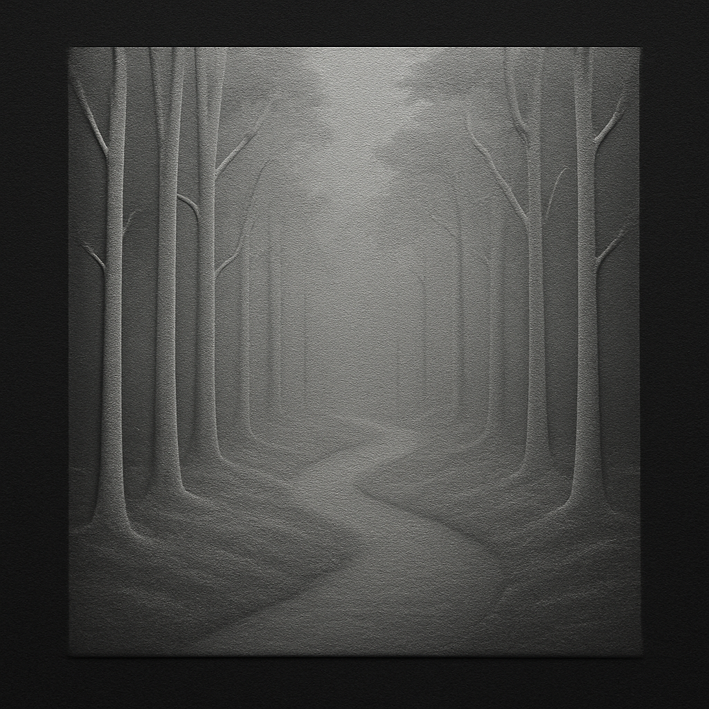 Misty Forest Path — grayscale depth map for laser engraving