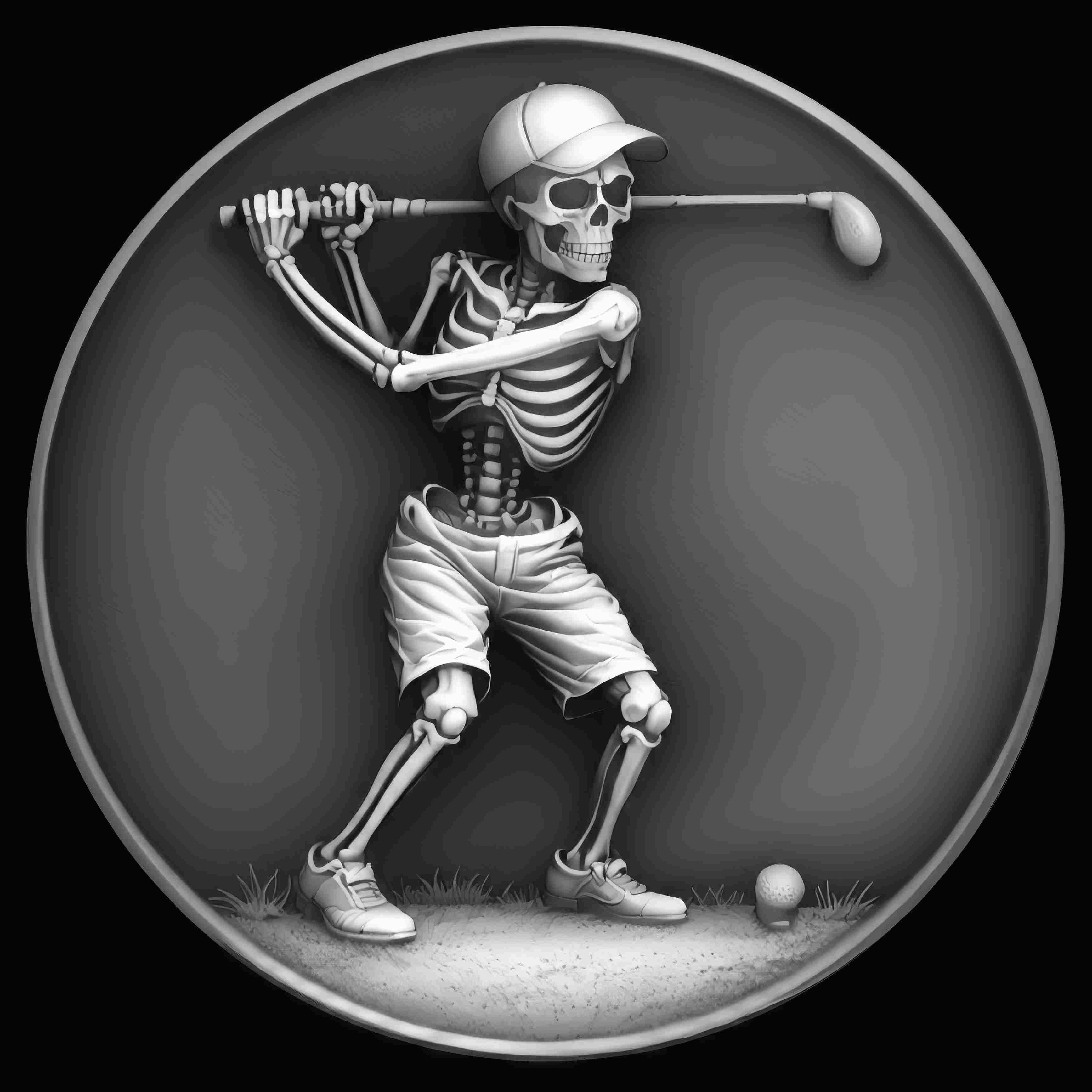 Golfing Skeleton — grayscale depth map for laser engraving
