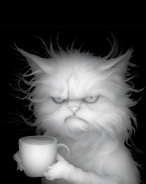 Grumpy Cat & Coffee — grayscale depth map for laser engraving
