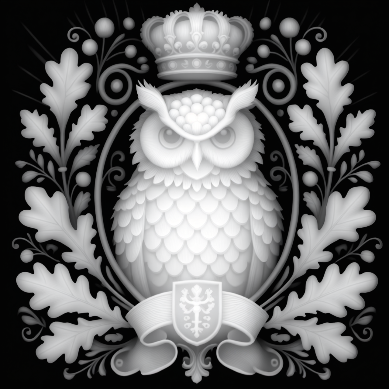 Crowned Owl Crest — grayscale depth map for laser engraving