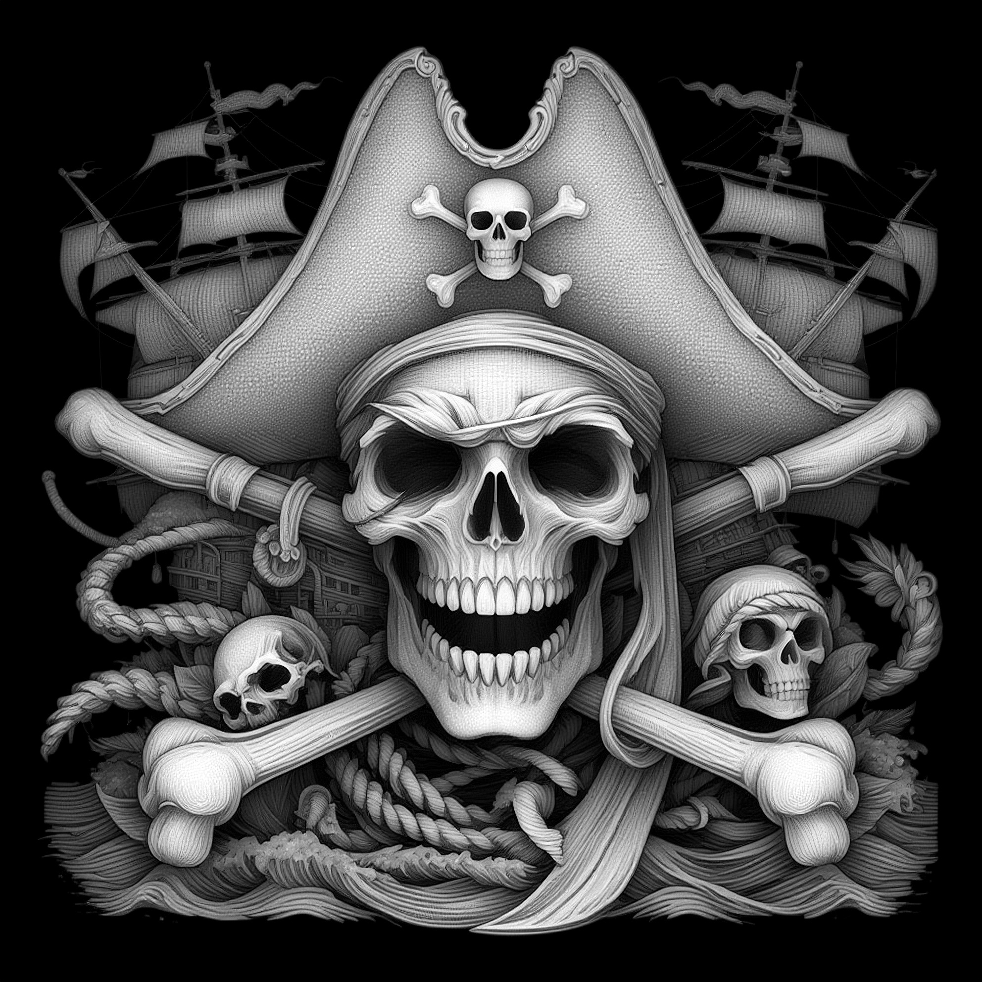 Pirate Skull Emblem — grayscale depth map for laser engraving