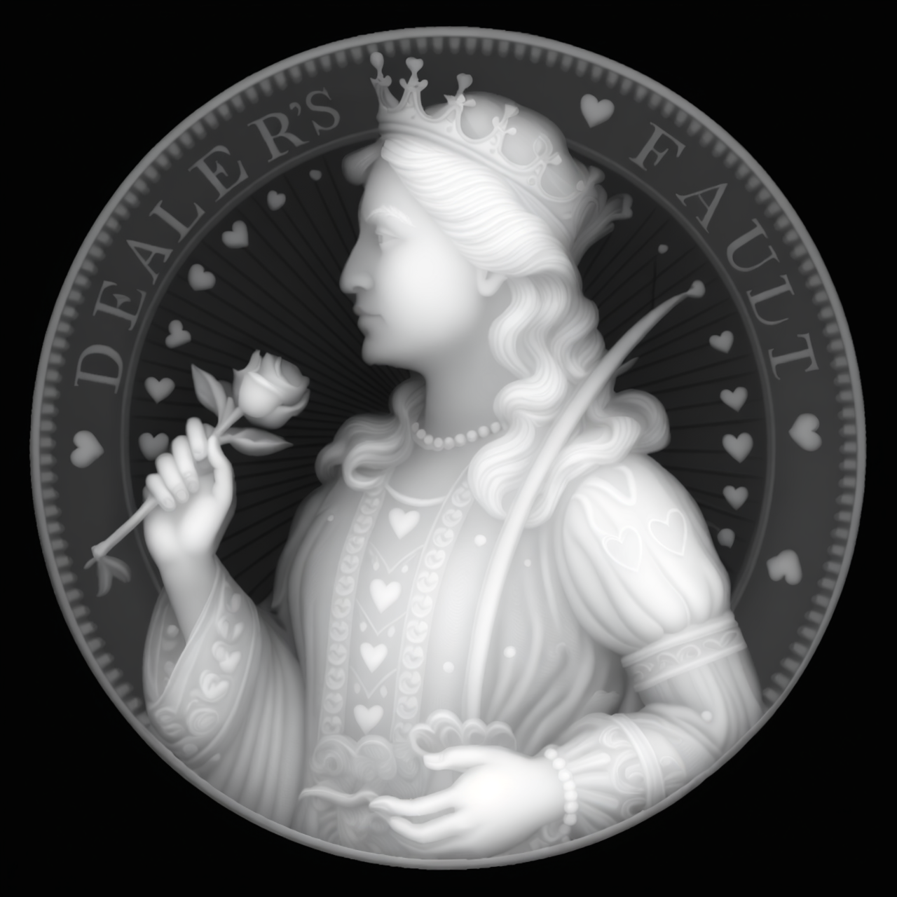 Queen of Hearts — Dealer's Fault — grayscale depth map for laser engraving