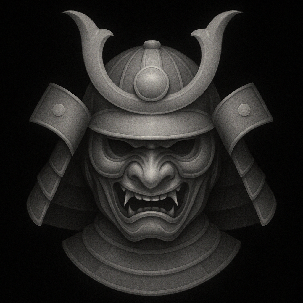 Samurai War Mask — grayscale depth map for laser engraving