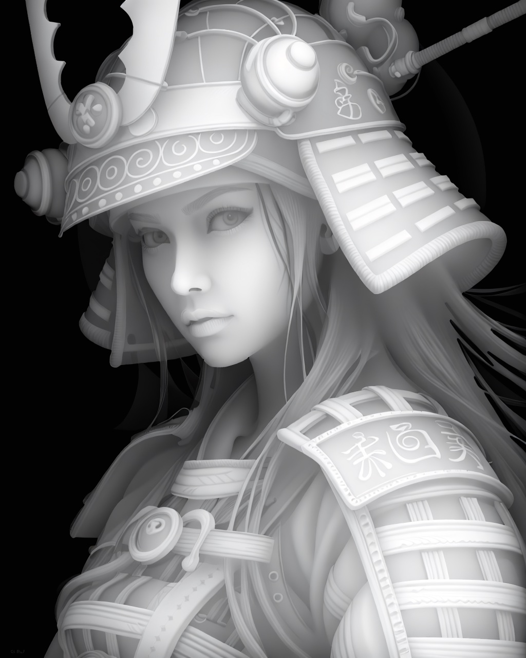 Samurai Warrior Woman Depth Map — grayscale depth map for laser engraving