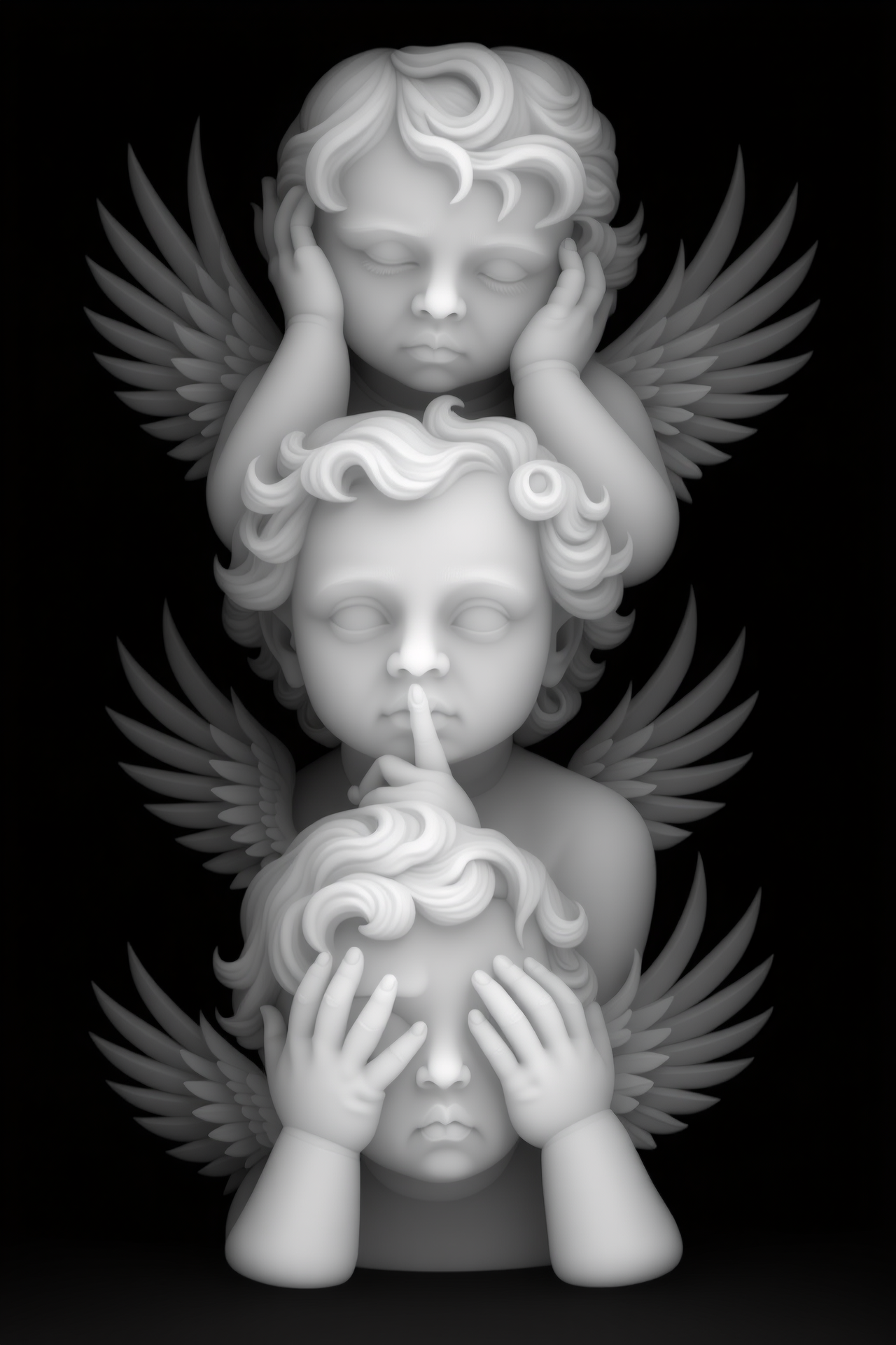 See, Hear, Speak No Evil Cherubs relief artwork