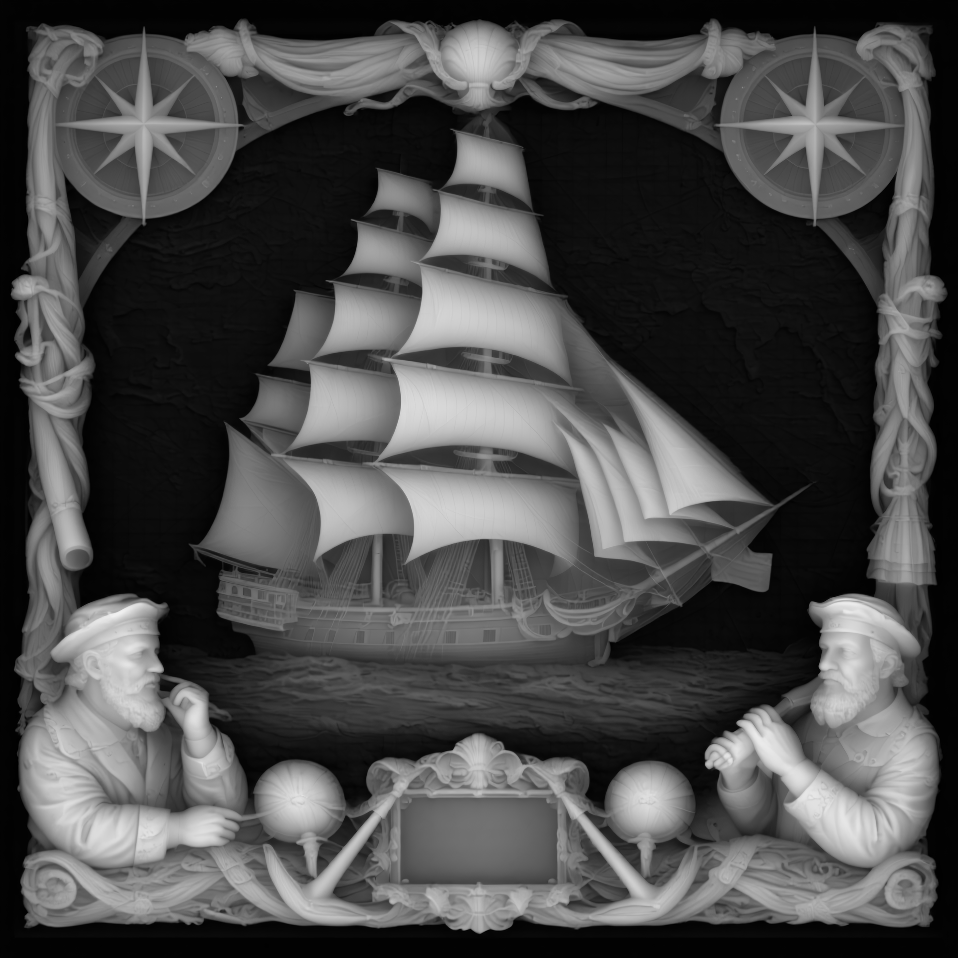 Tall Ship Mariner Scene Depth Map — grayscale depth map for laser engraving