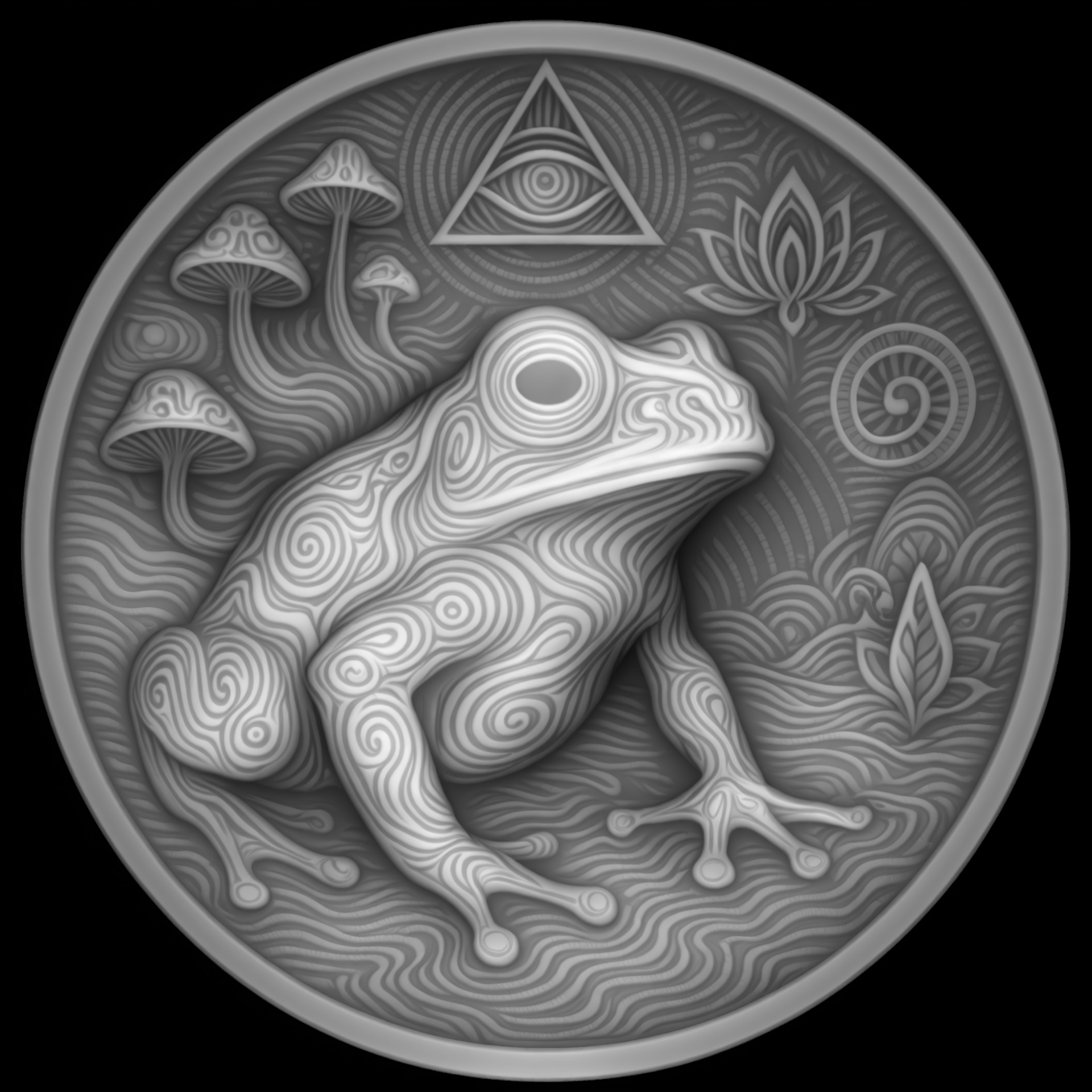 Psychedelic Shroom Frog Depth Map — grayscale depth map for laser engraving
