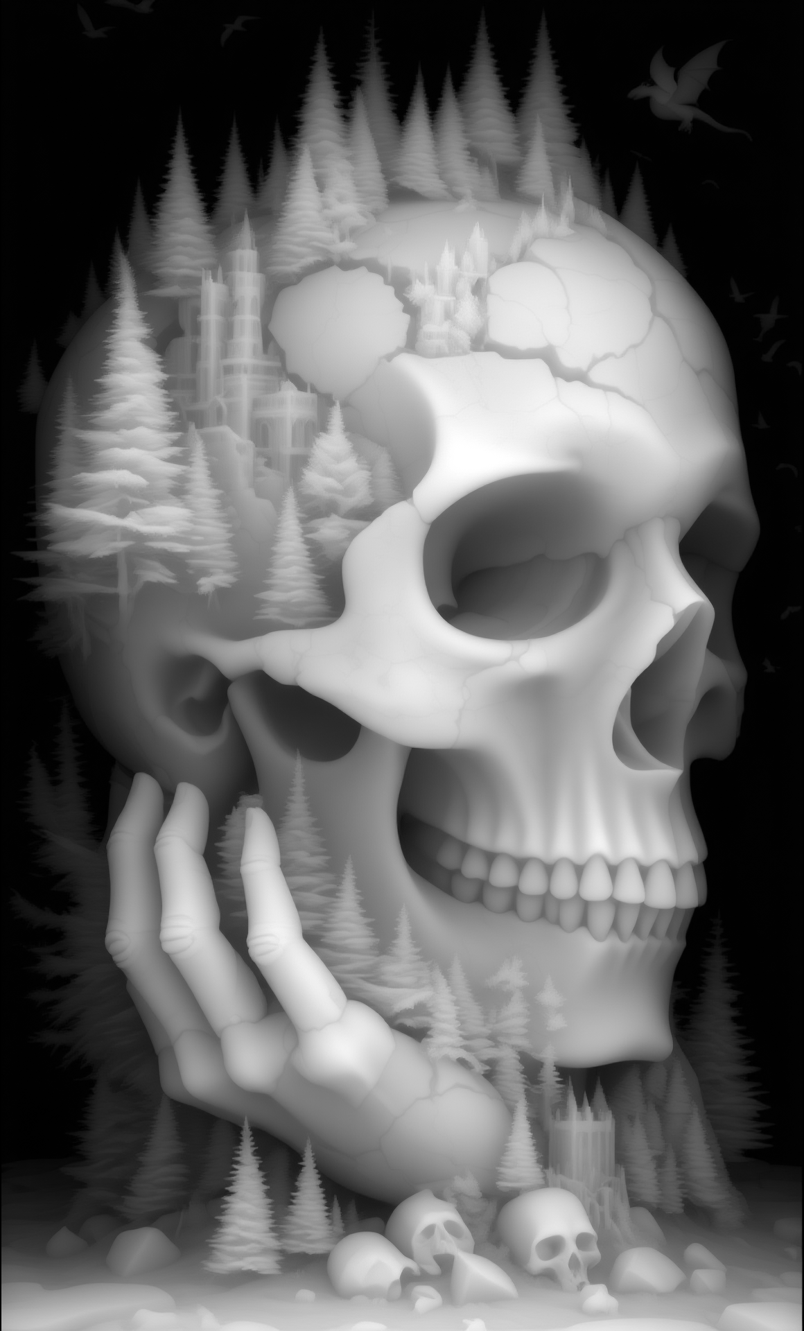 Skull Castle — grayscale depth map for laser engraving