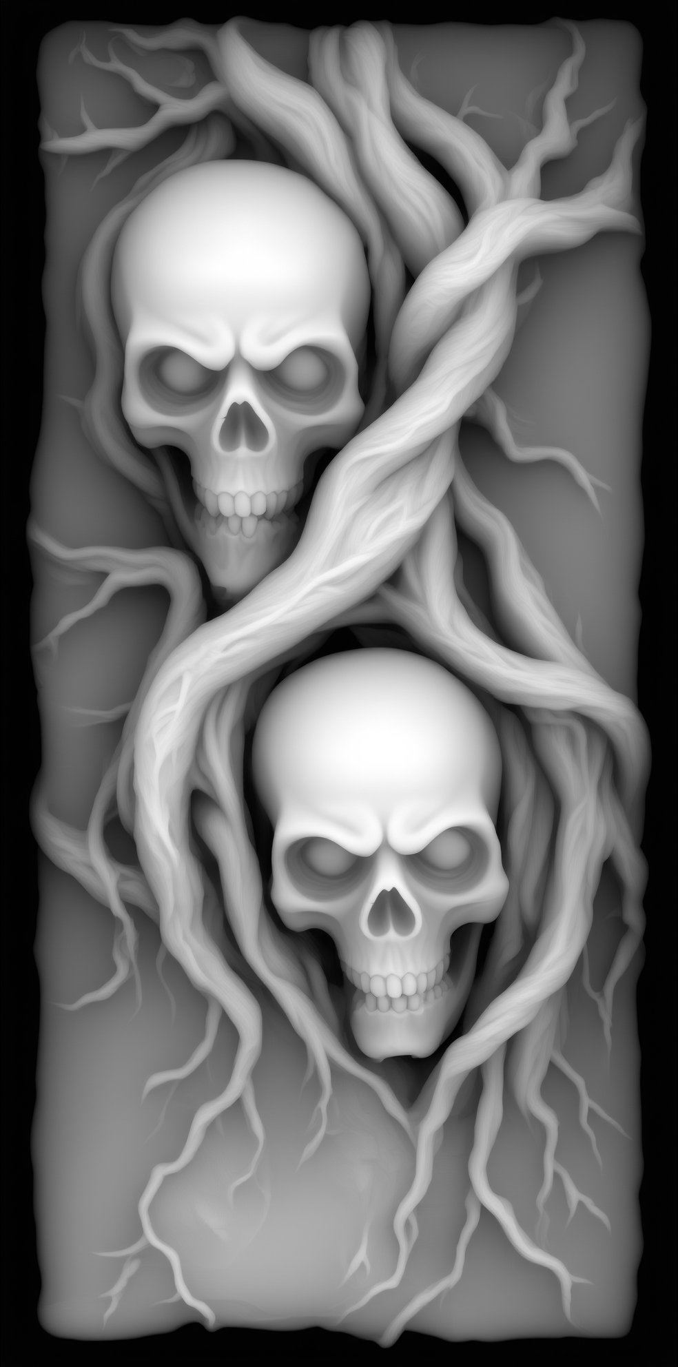 Twin Skull Pillar — grayscale depth map for laser engraving