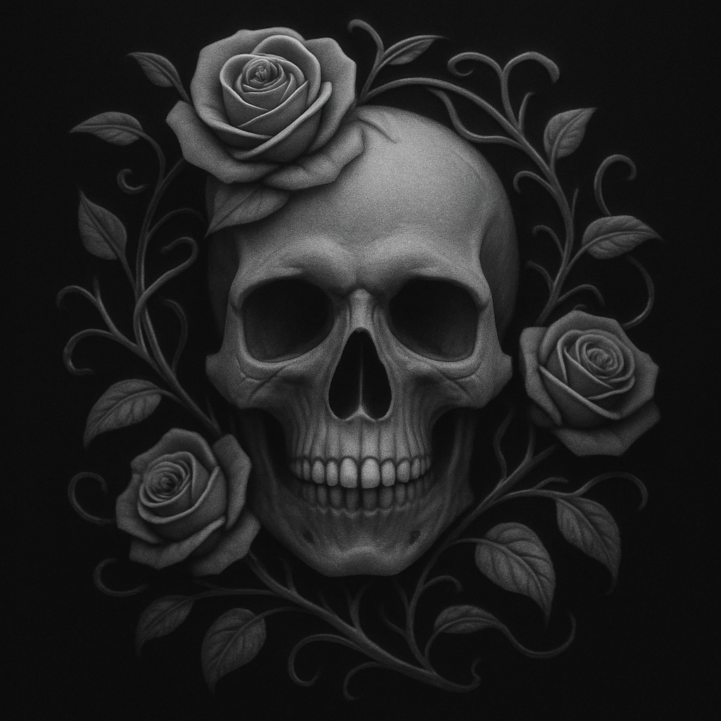 Skull & Roses — grayscale depth map for laser engraving