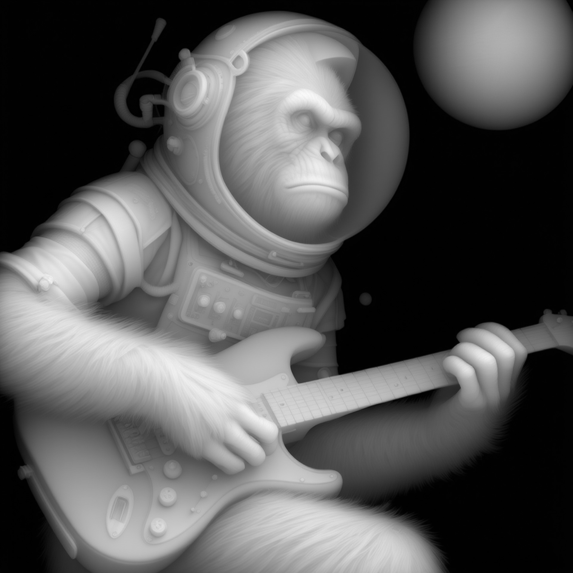 Space Monkey Guitarist Depth Map — grayscale depth map for laser engraving