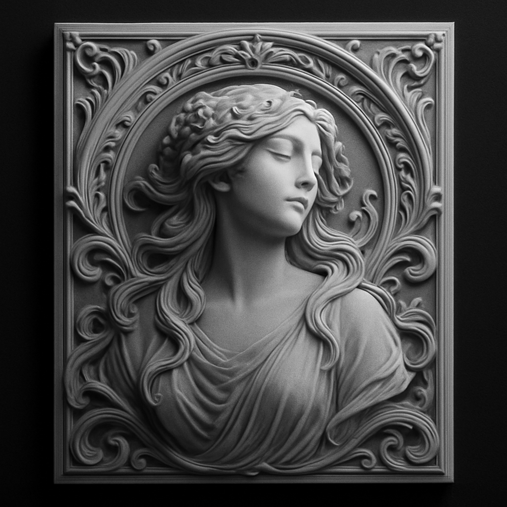 Art Nouveau Muse — grayscale depth map for laser engraving