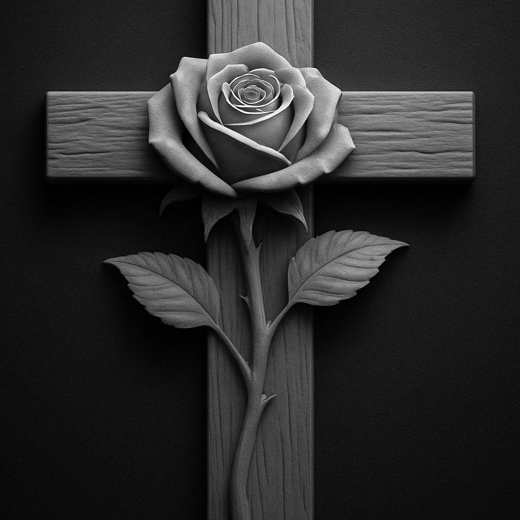 Rose & Cross — grayscale depth map for laser engraving