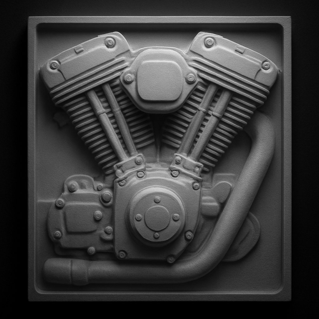 V-Twin Engine — grayscale depth map for laser engraving