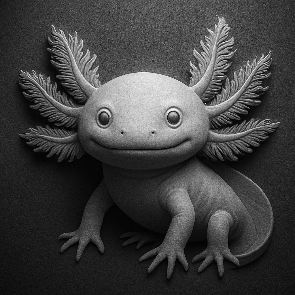 Whimsical Axolotl — grayscale depth map for laser engraving
