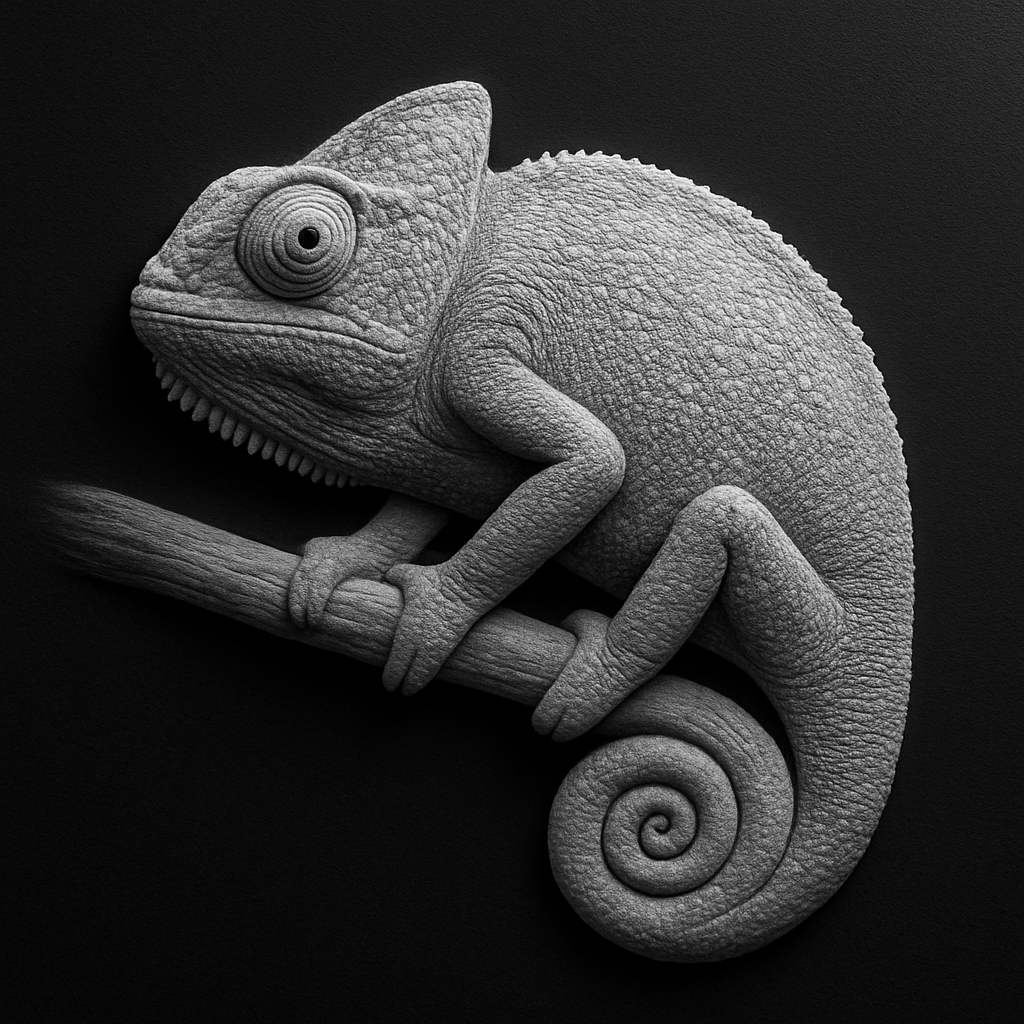 Chameleon on a Branch — grayscale depth map for laser engraving