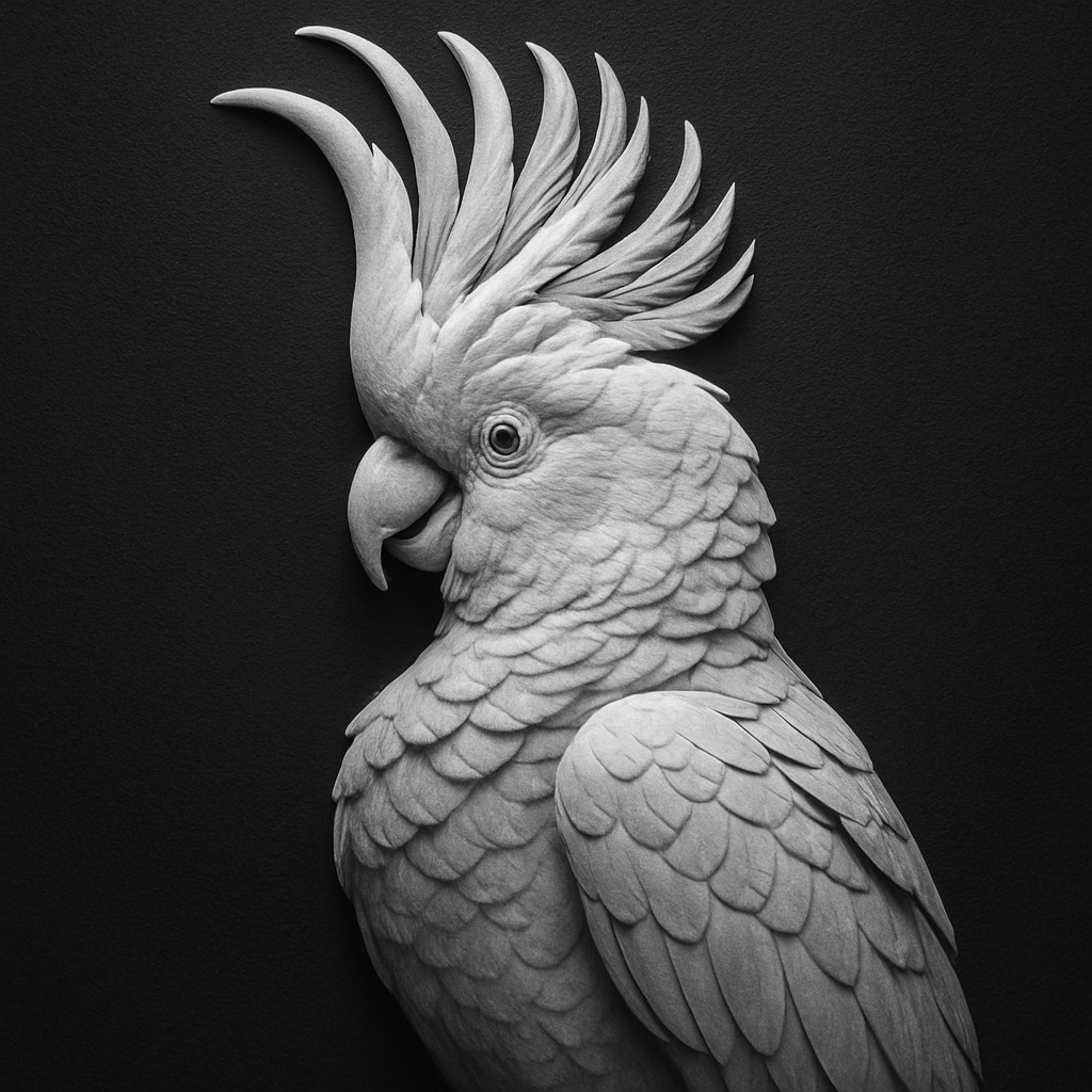 Crested Cockatoo — grayscale depth map for laser engraving