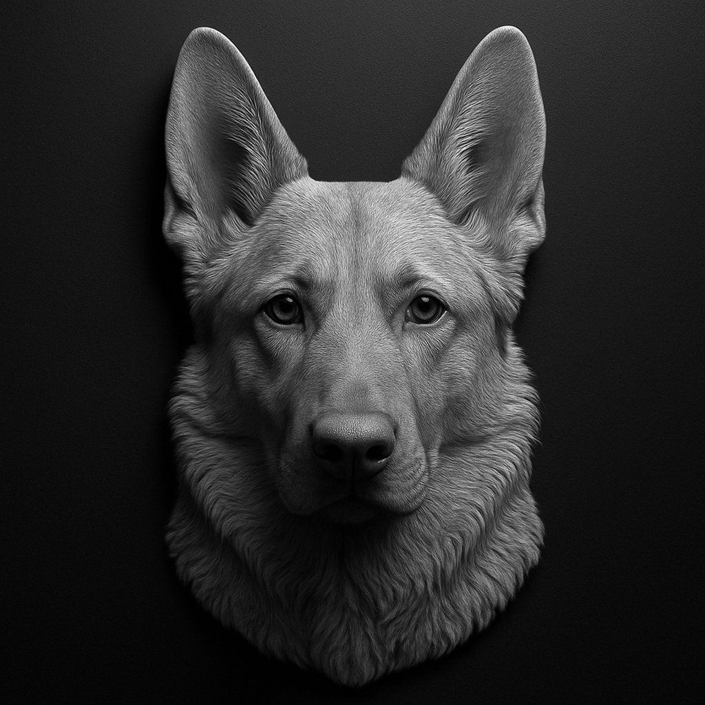 German Shepherd Portrait — grayscale depth map for laser engraving