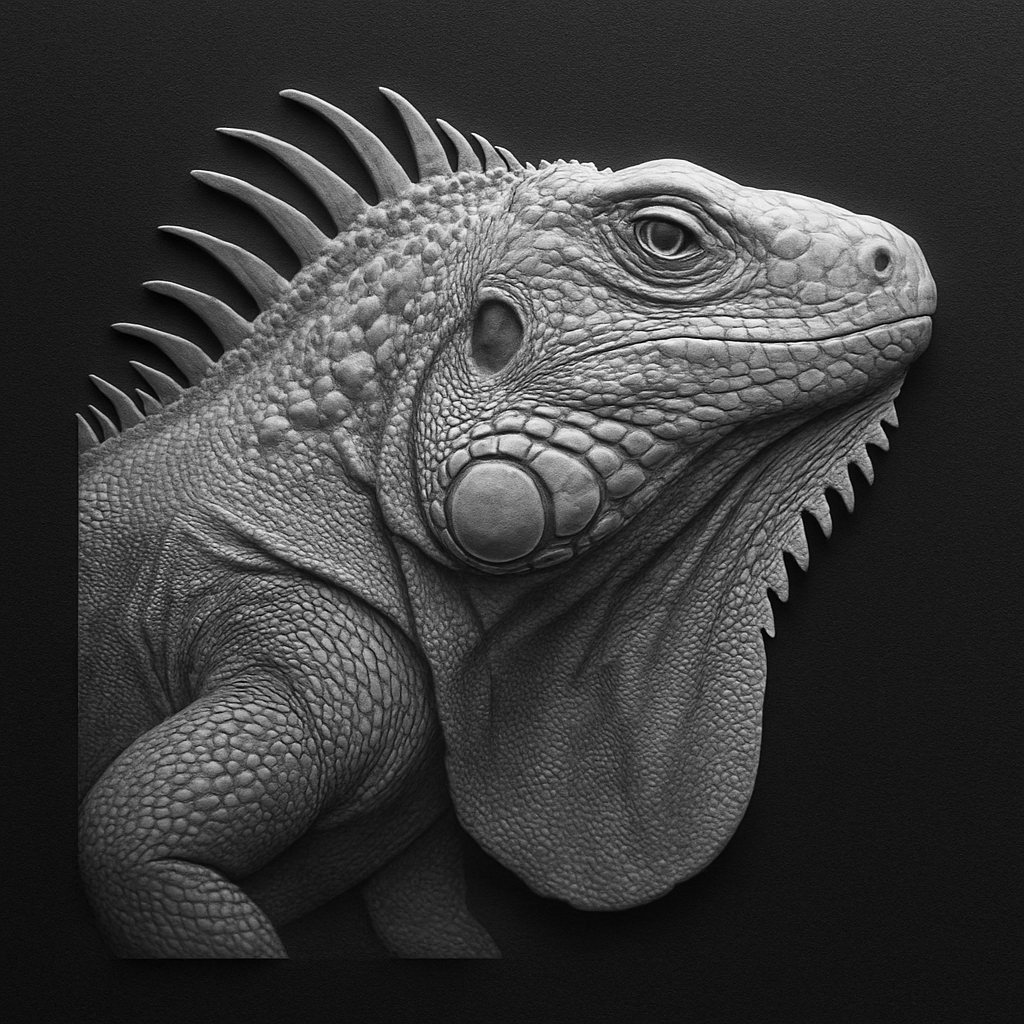 Green Iguana — grayscale depth map for laser engraving