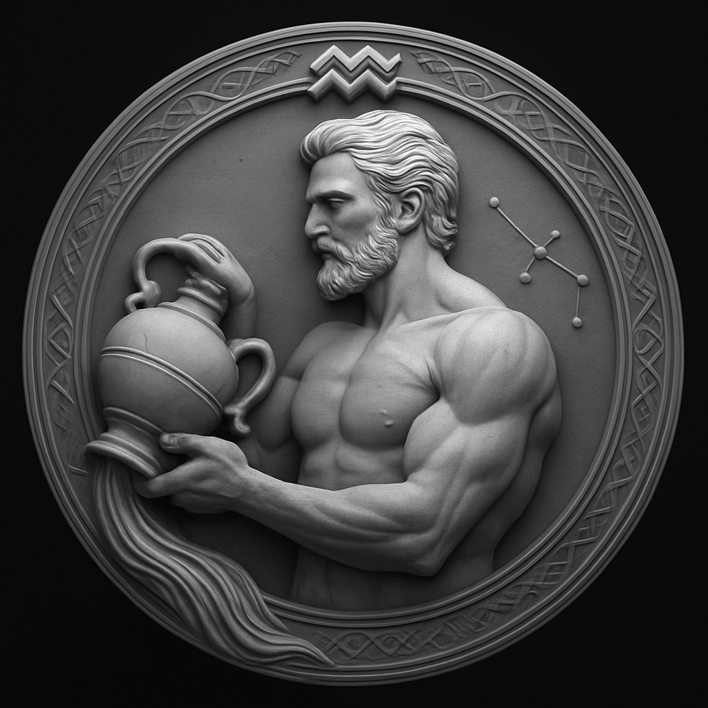 Aquarius Zodiac — Masculine — grayscale depth map for laser engraving