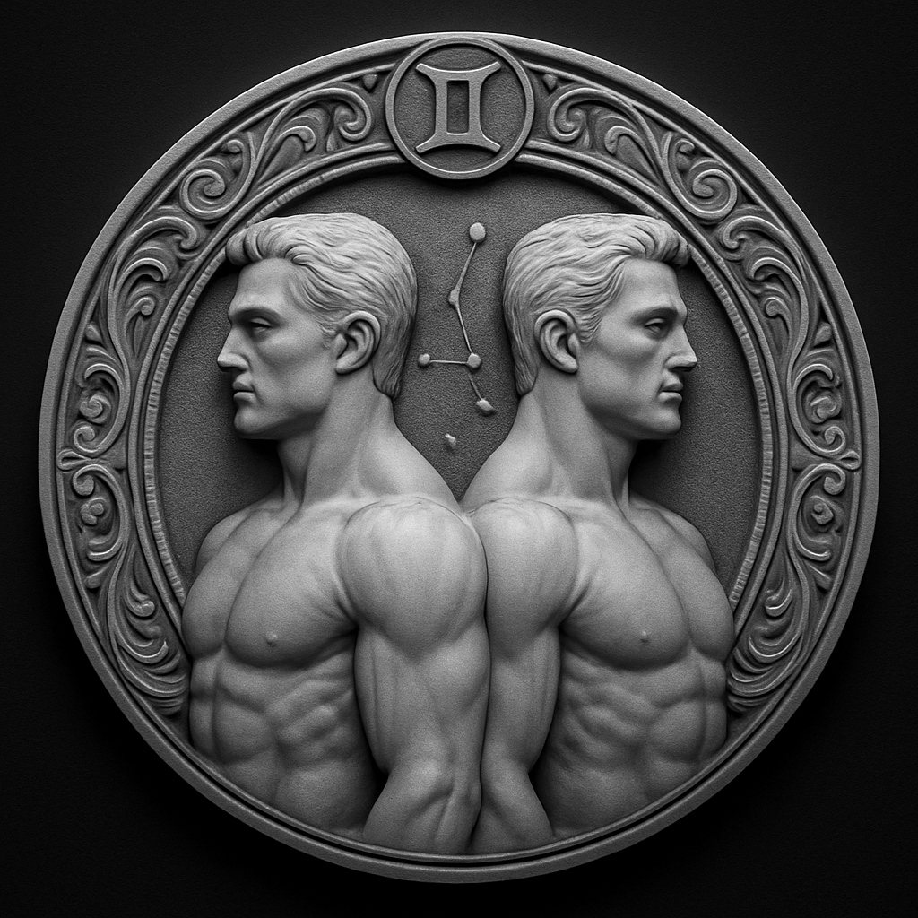 Gemini Zodiac — Masculine — grayscale depth map for laser engraving