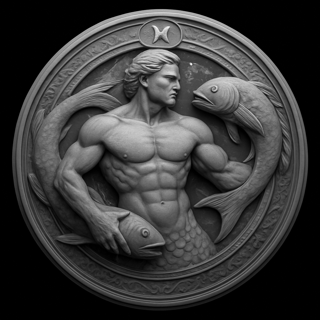 Pisces Zodiac — Masculine — grayscale depth map for laser engraving