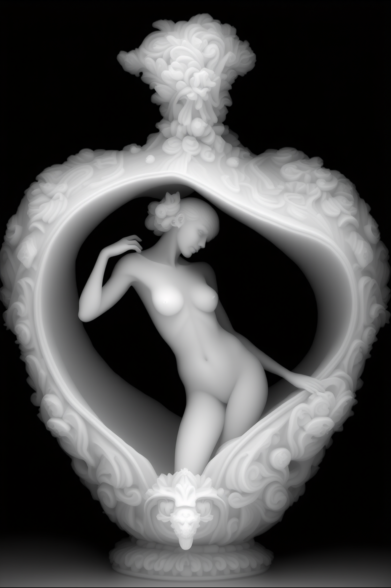 Woman in Ornate Heart Depth Map — grayscale depth map for laser engraving