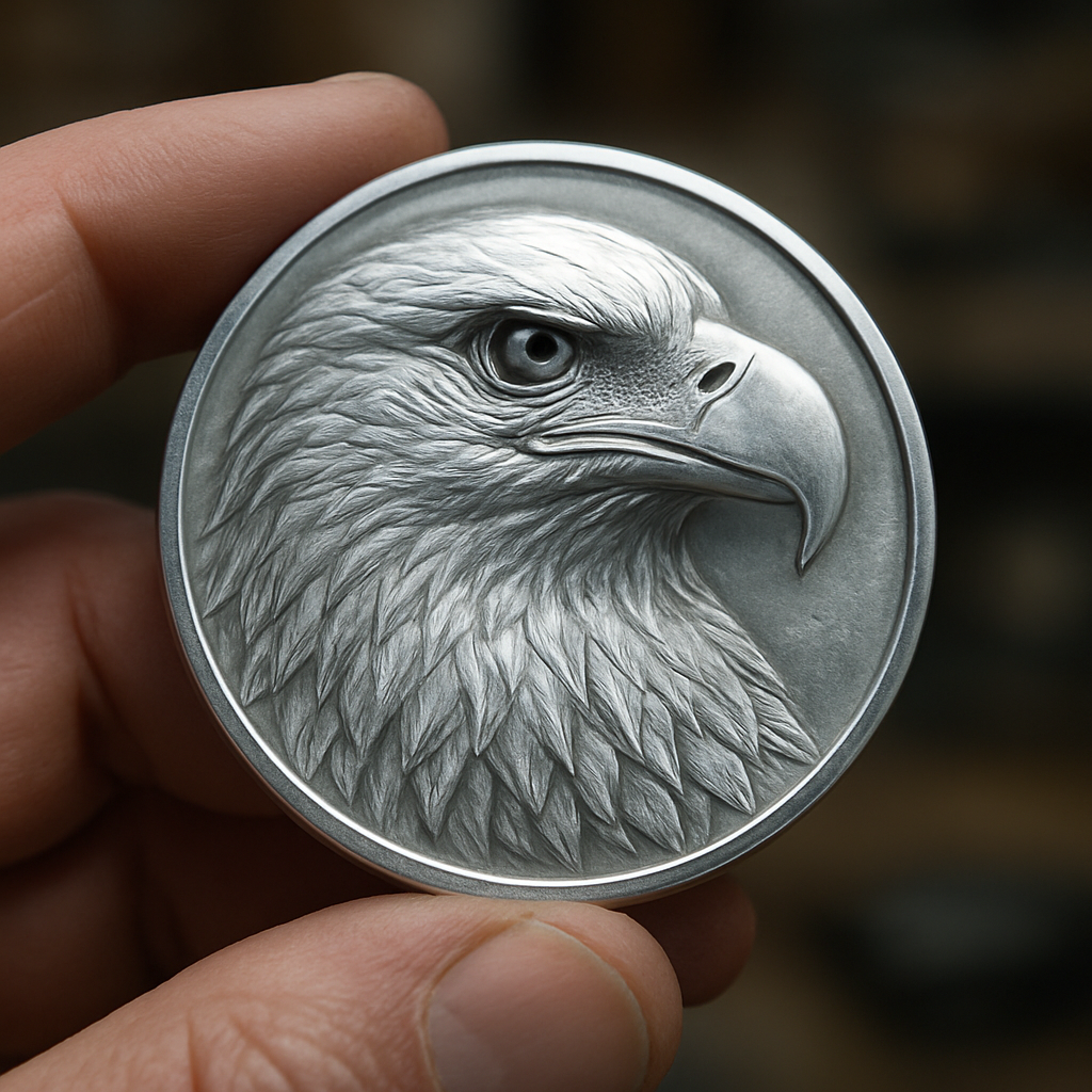 Deep 3D laser engraved eagle relief on a polished aluminum coin