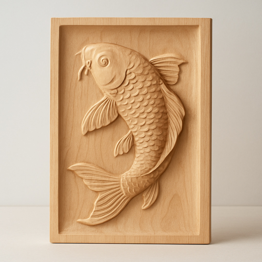 Laser engraved koi relief on basswood