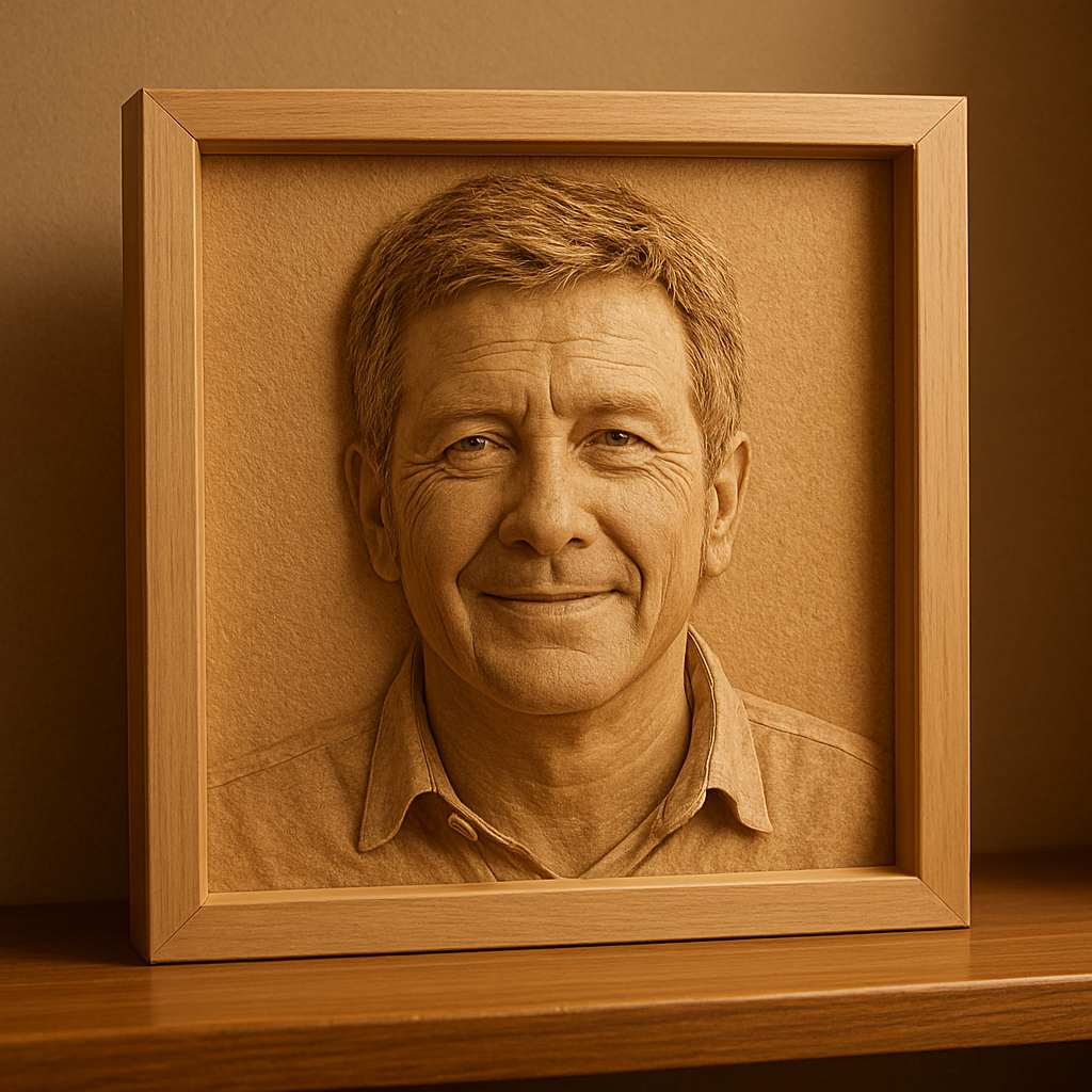 Laser engraved portrait relief on maple