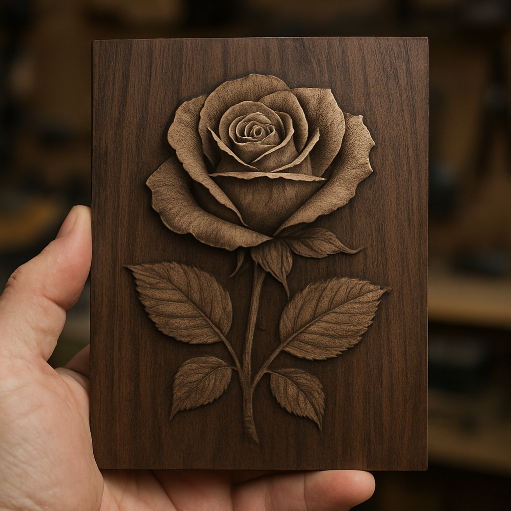 Laser engraved rose relief on walnut