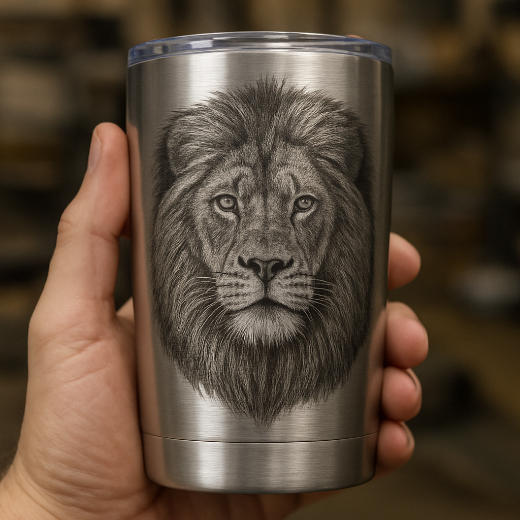 Laser engraved lion portrait on brushed stainless steel